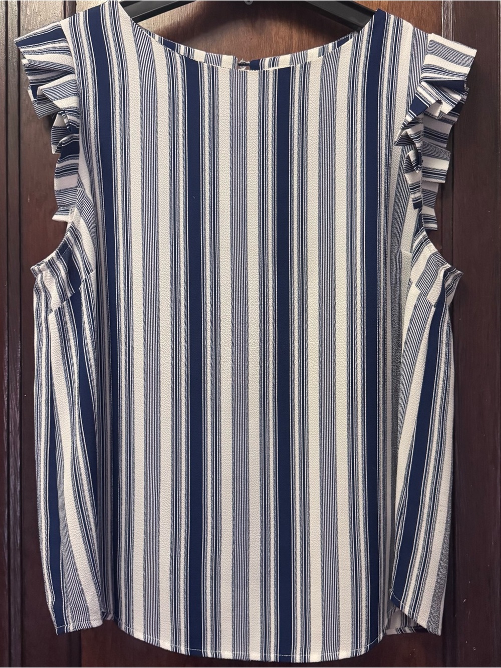 Monteau Los Angeles Striped Ruffle-Sleeve Top — Nautical Blue & White, Size L